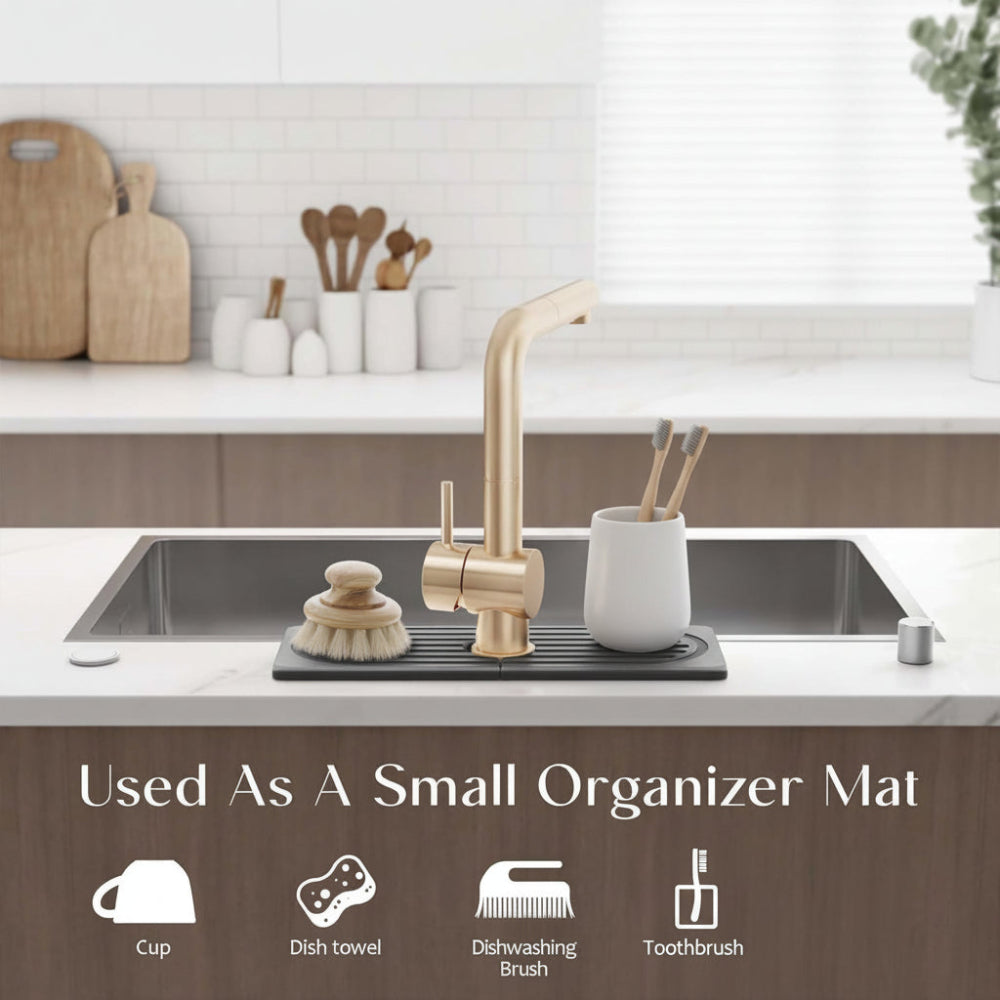 Rectangular diatomite sink mat with raised grooves around a kitchen faucet