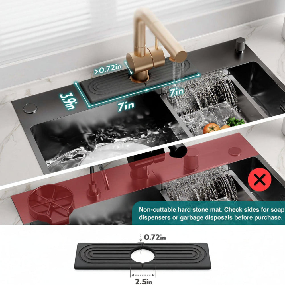 Rectangular diatomite sink mat with raised grooves around a kitchen faucet