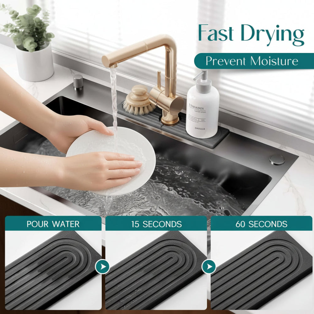 Rectangular diatomite sink mat with raised grooves around a kitchen faucet