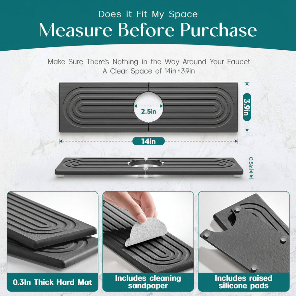 Rectangular diatomite sink mat with raised grooves around a kitchen faucet