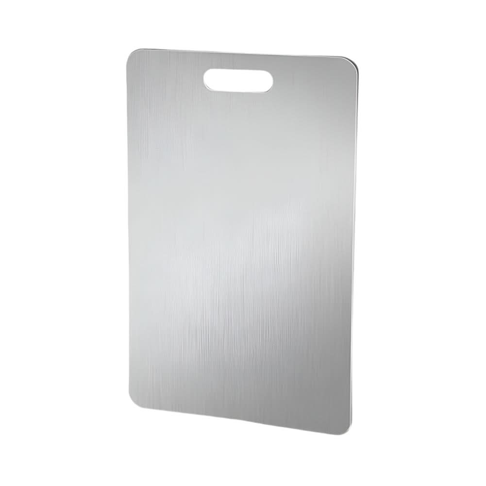 Rectangular silver chopping board with rounded corners and handle opening