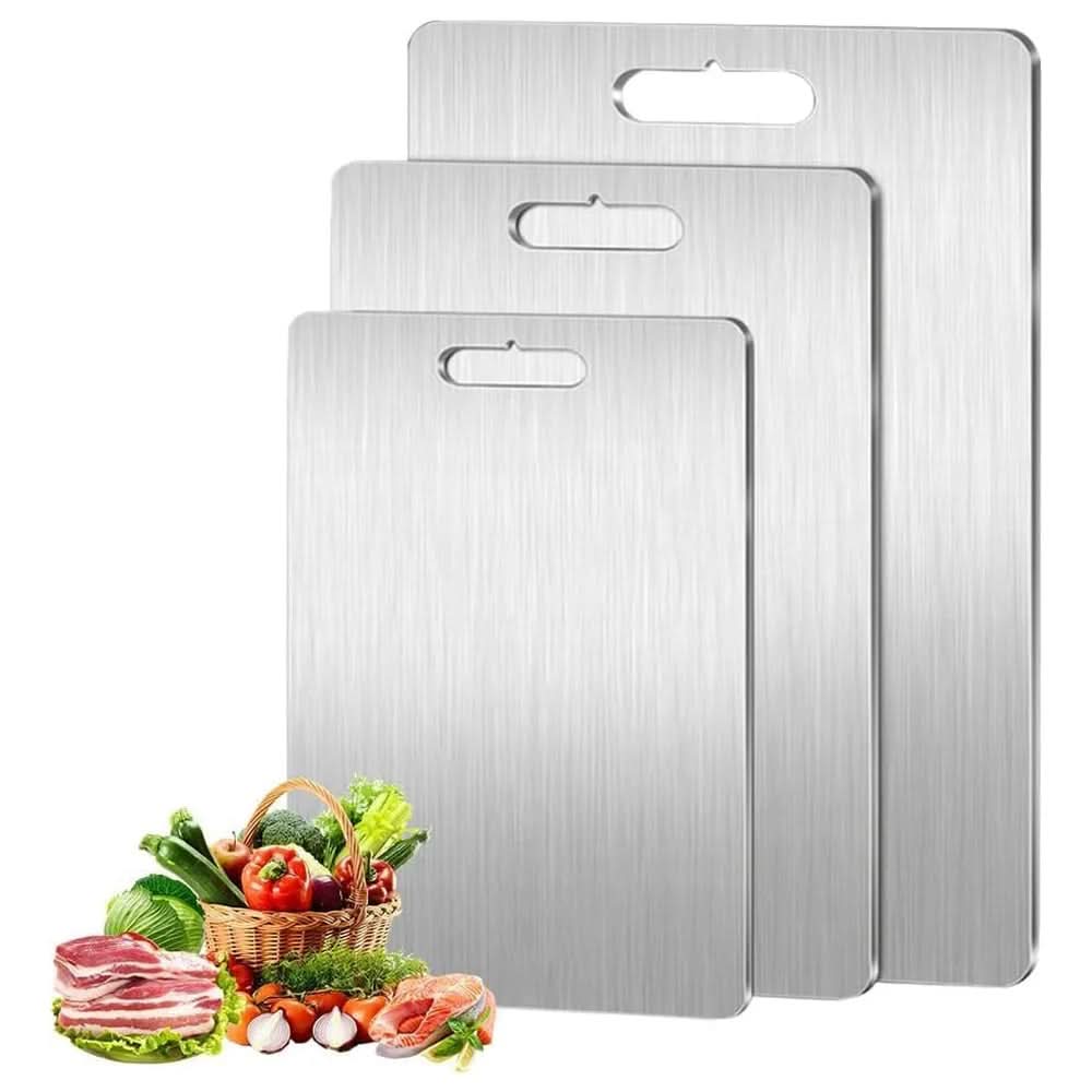 Rectangular silver chopping board with rounded corners and handle opening