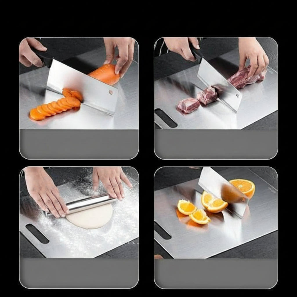 Rectangular silver chopping board with rounded corners and handle opening