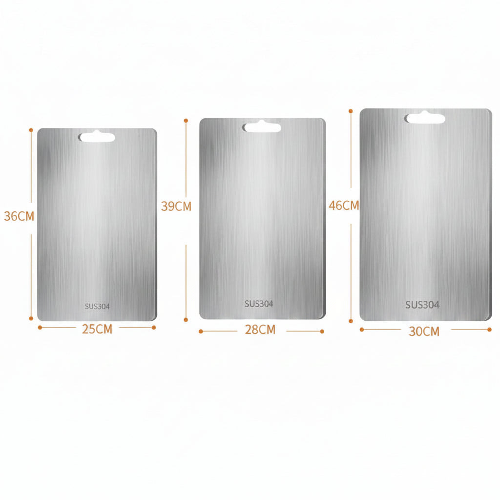 Rectangular silver chopping board with rounded corners and handle opening