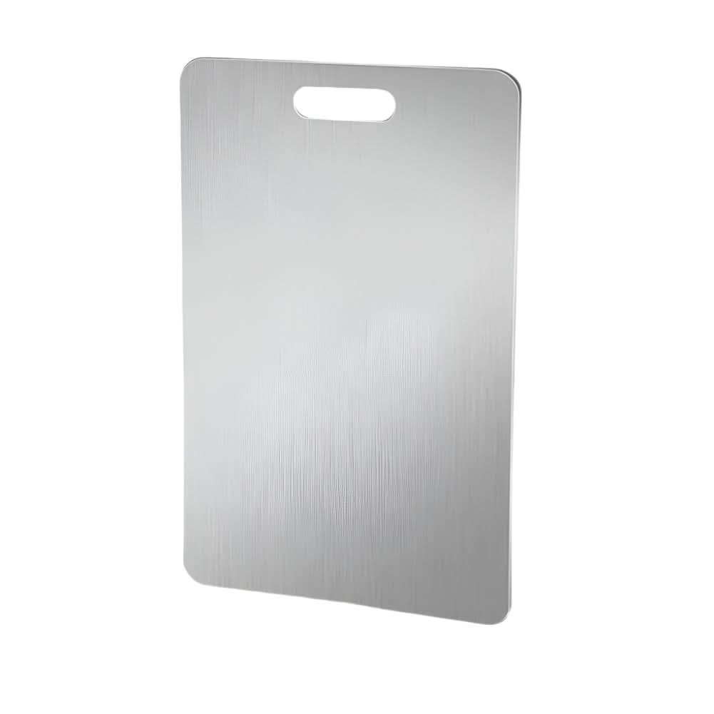 Rectangular silver chopping board with rounded corners and handle opening