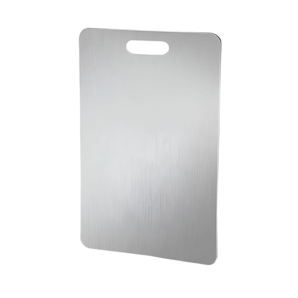 Rectangular silver chopping board with rounded corners and handle opening