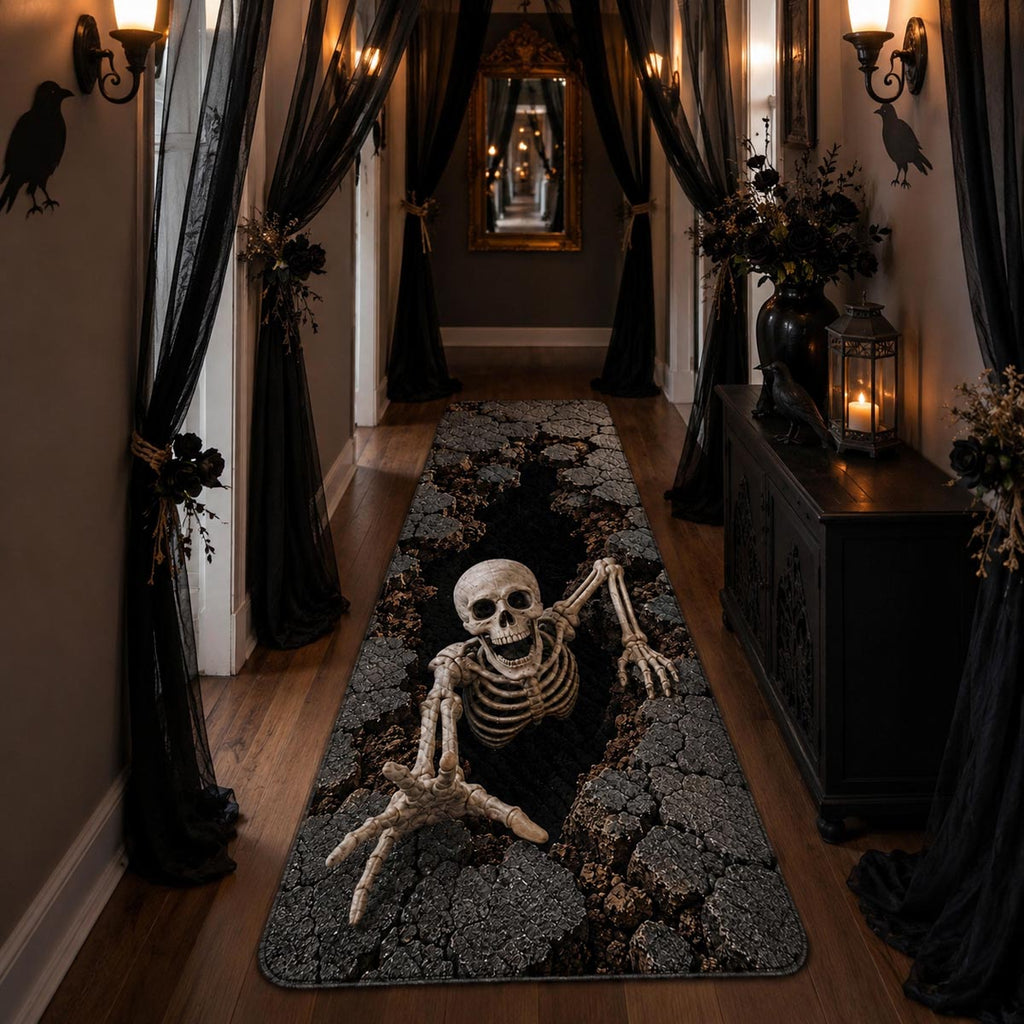 Black runner carpet with a skeleton and skull on a cracked ground design