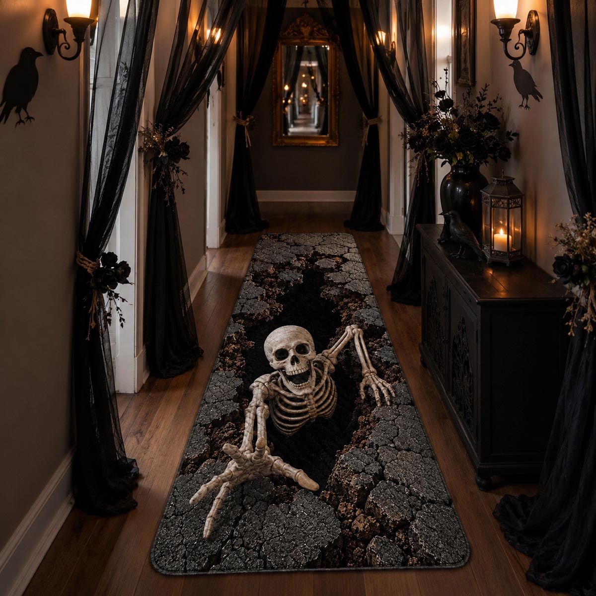 Black runner carpet with a skeleton and skull on a cracked ground design