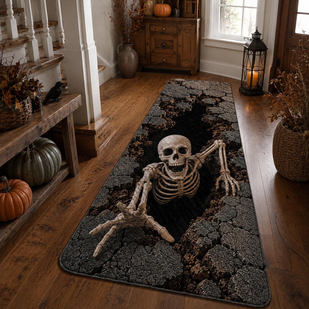 Black runner carpet with a skeleton and skull on a cracked ground design