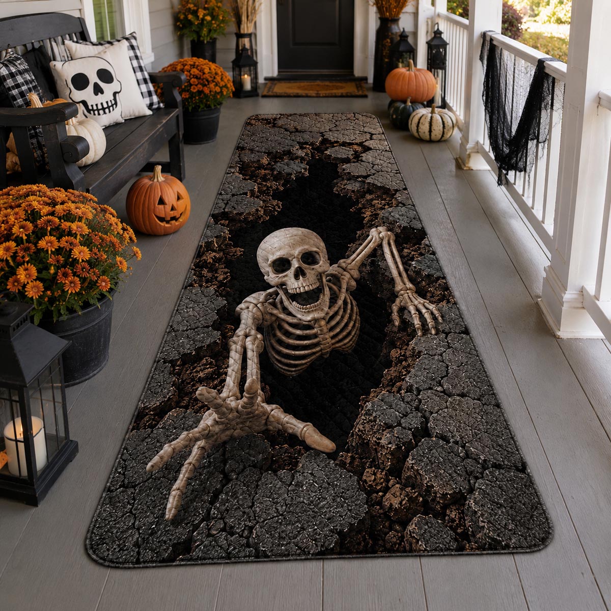 Black runner carpet with a skeleton and skull on a cracked ground design