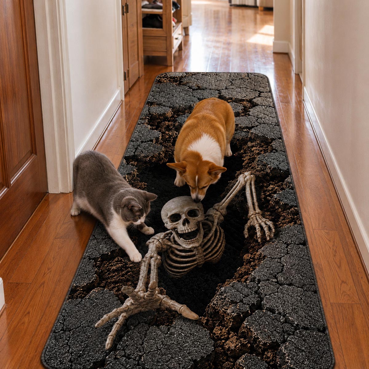 Black runner carpet with a skeleton and skull on a cracked ground design