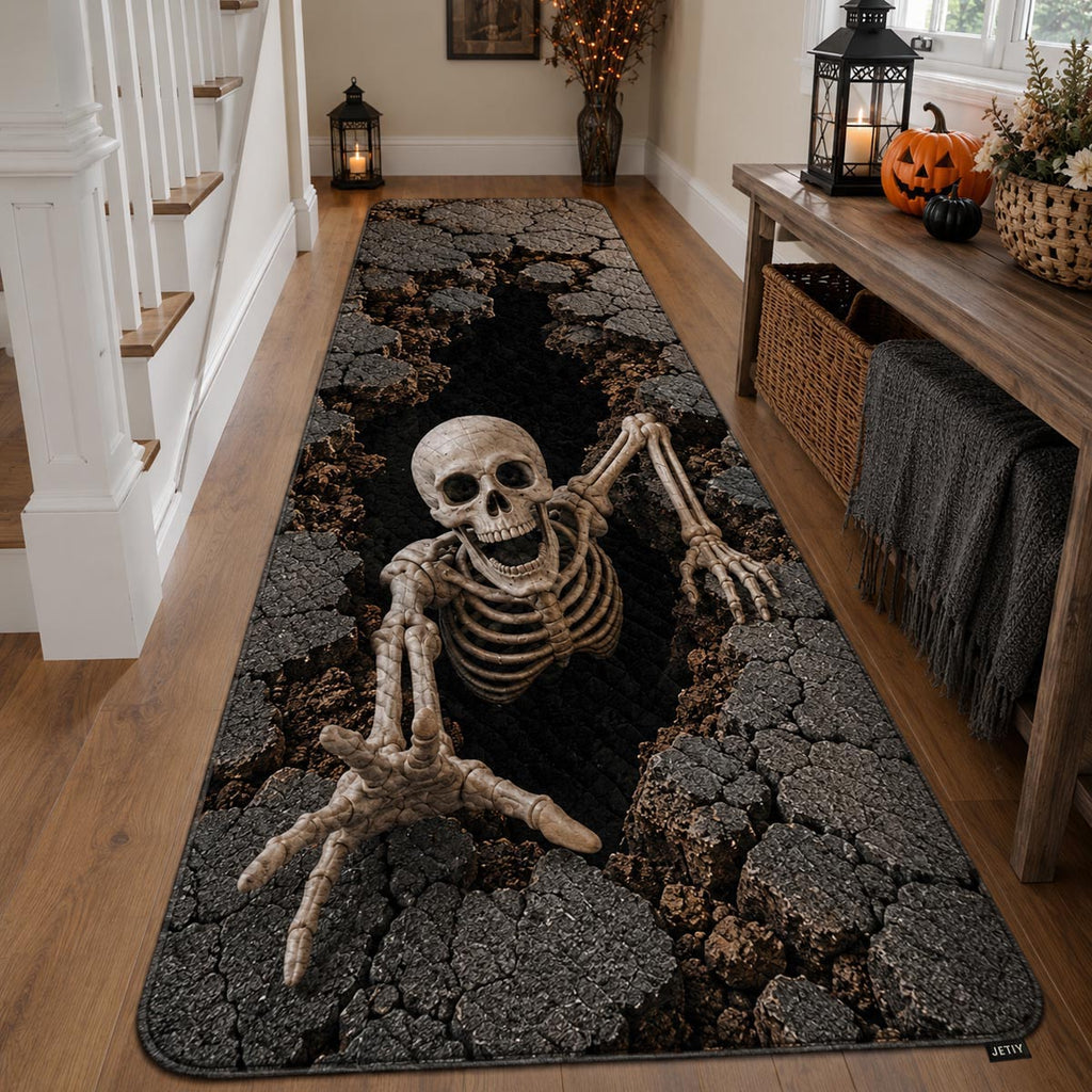 Black runner carpet with a skeleton and skull on a cracked ground design