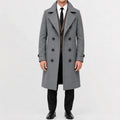 Long double-breasted trench coat with notched lapels and cuff tabs