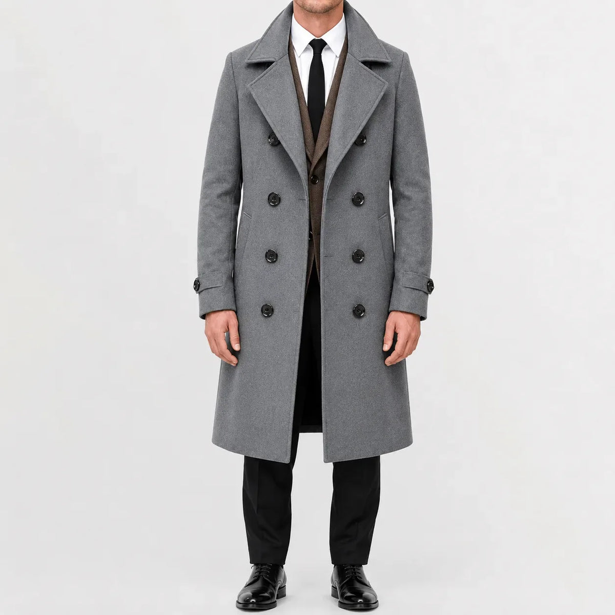 Long double-breasted trench coat with notched lapels and cuff tabs