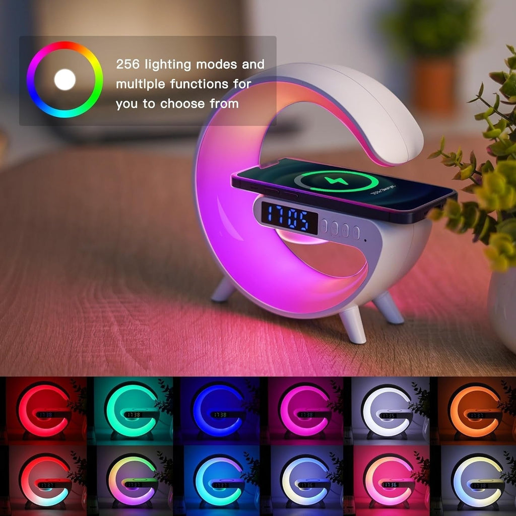 Smart alarm clock with digital display and colour-changing circular light ring