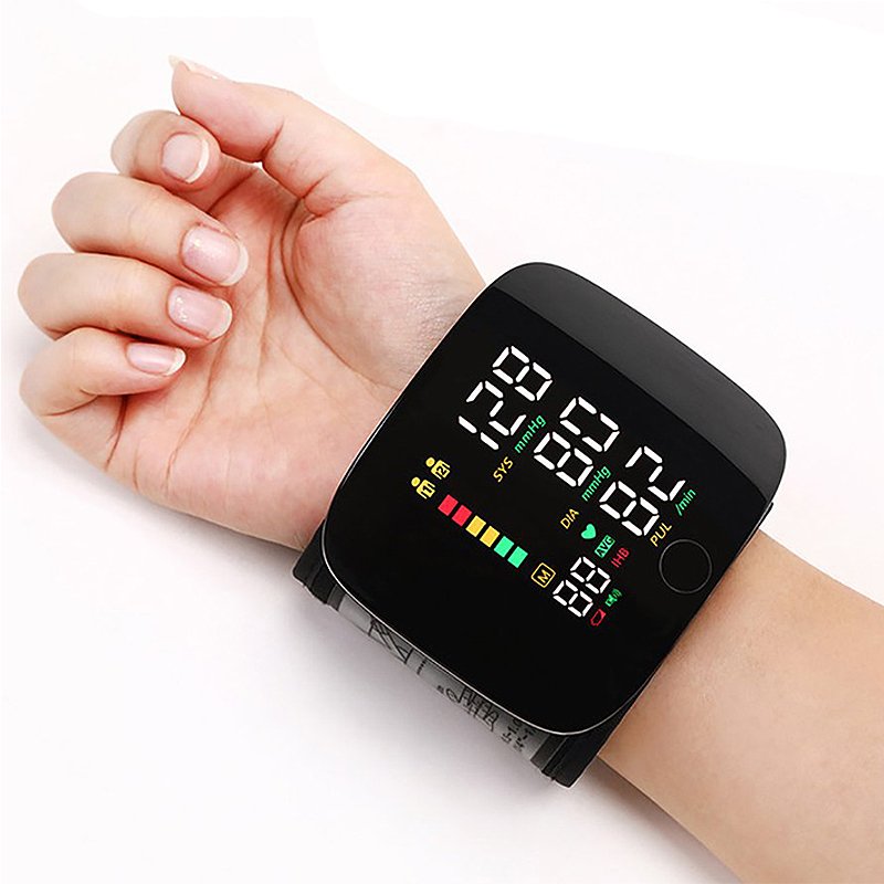 Black wrist blood pressure monitor with LCD screen and wrist cuff