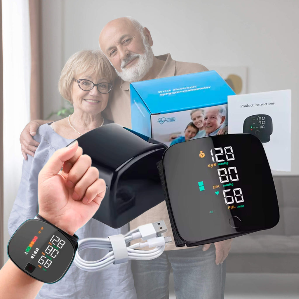 Black wrist blood pressure monitor with LCD screen and wrist cuff