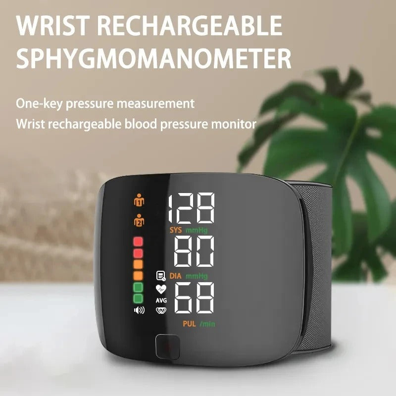 Black wrist blood pressure monitor with LCD screen and wrist cuff