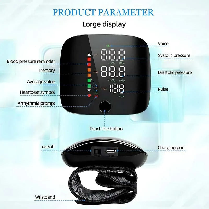 Black wrist blood pressure monitor with LCD screen and wrist cuff
