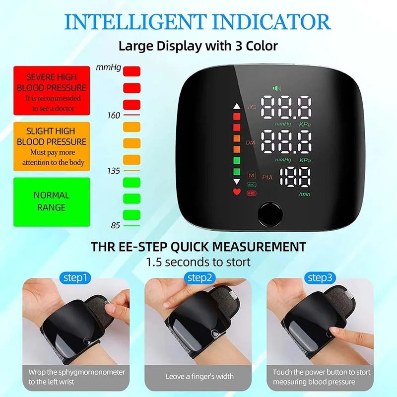 Black wrist blood pressure monitor with LCD screen and wrist cuff