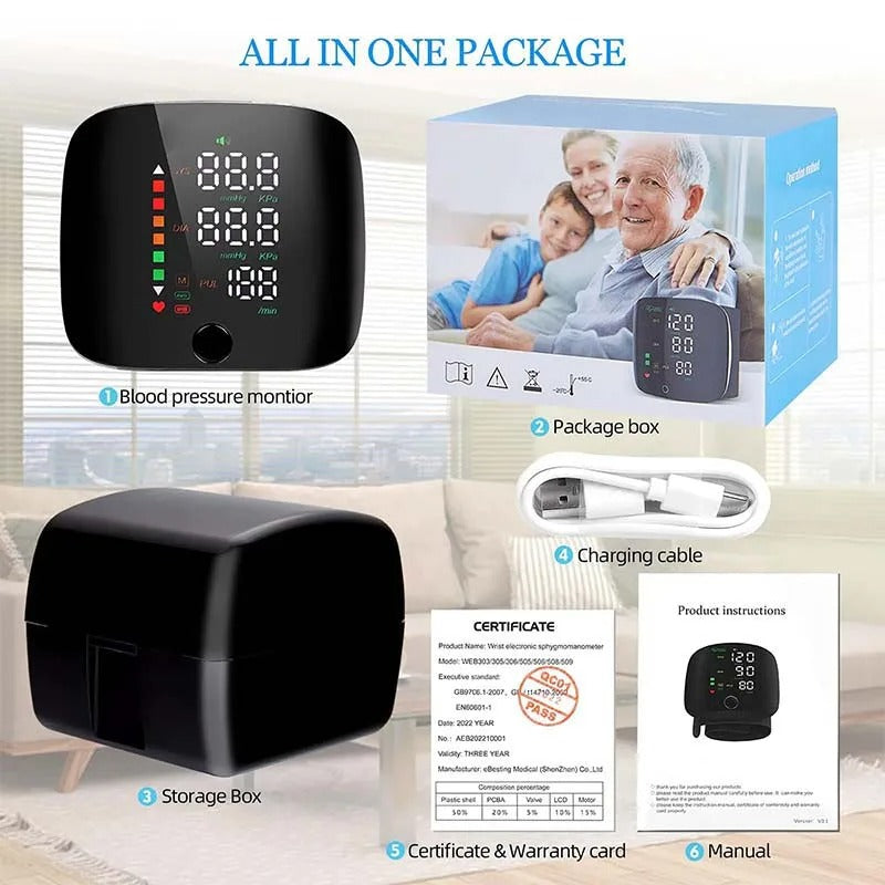 Black wrist blood pressure monitor with LCD screen and wrist cuff