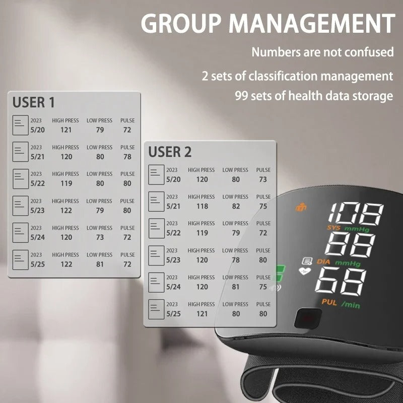 Black wrist blood pressure monitor with LCD screen and wrist cuff