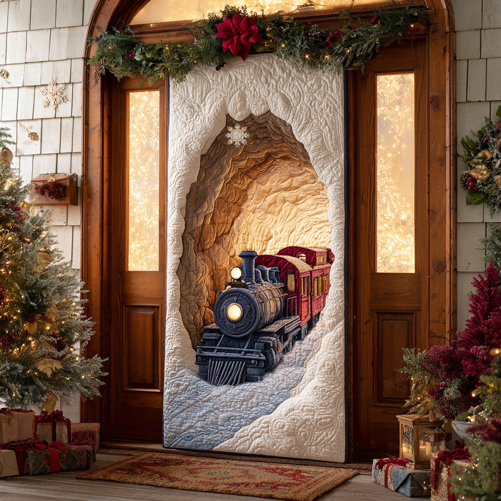 Quilted beige door cover with a Christmas train scene and snowy mountain design
