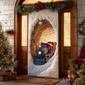 Quilted beige door cover with a Christmas train scene and snowy mountain design