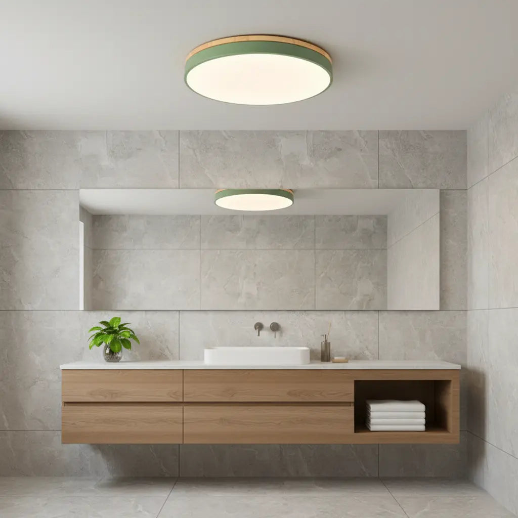 Circular LED ceiling light with a wood-effect rim and smooth light panel