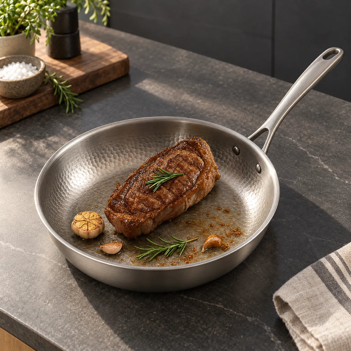 Steelexa - Uncoated Metal Frying Pan Searing Thick Steaks