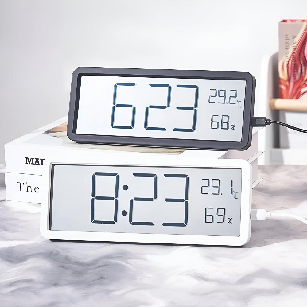 Digital wall clock displaying time, temperature and humidity