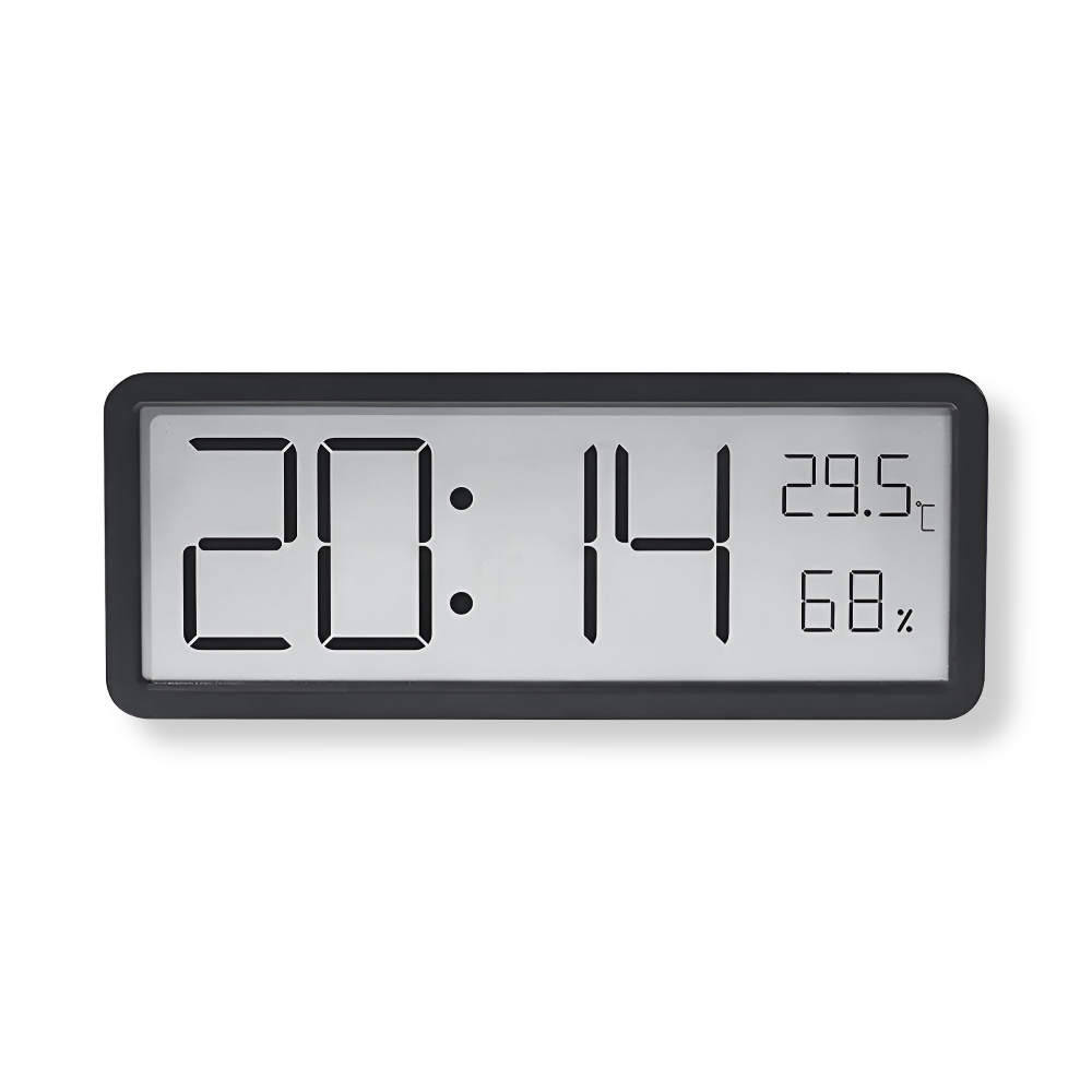 Digital wall clock displaying time, temperature and humidity