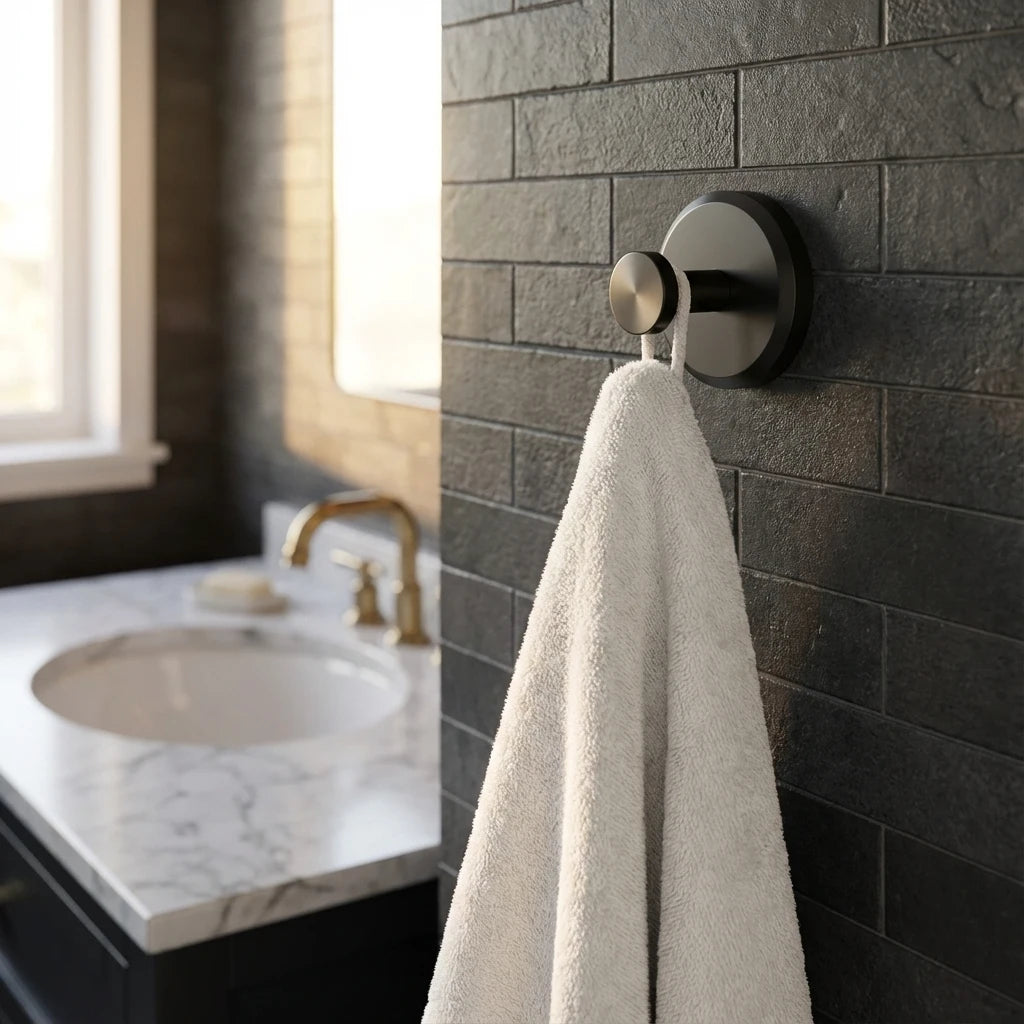 Four round stainless steel suction hooks mounted on a tiled wall