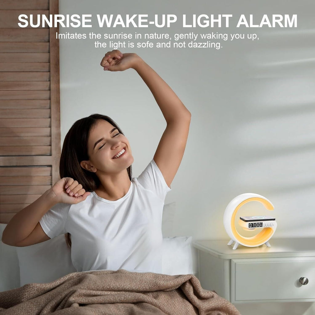 Smart alarm clock with digital display and colour-changing circular light ring