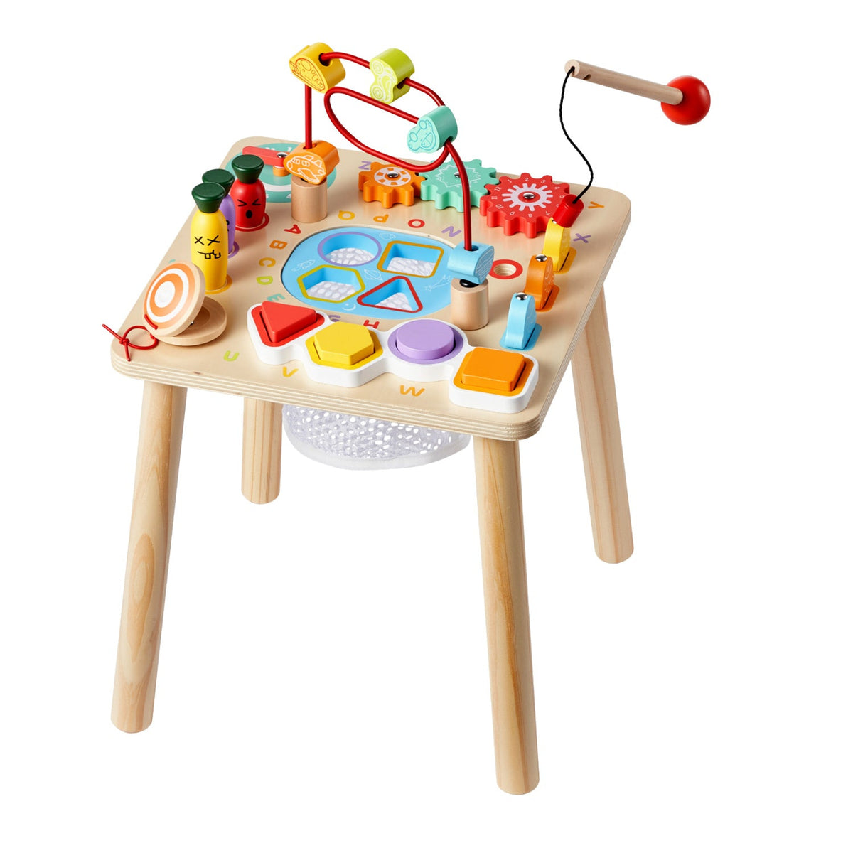 Wooden Montessori children's activity desk with colourful learning toys