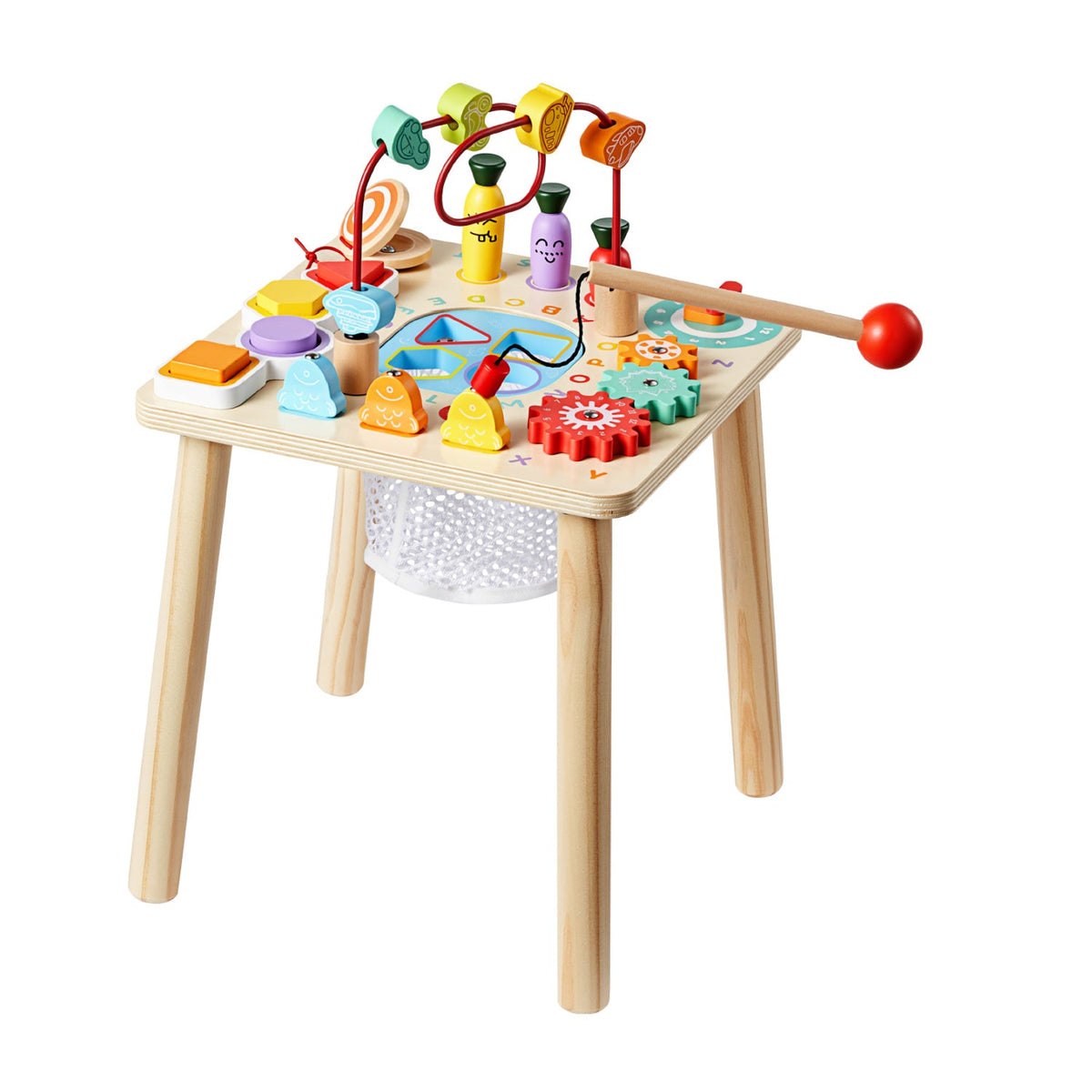 Wooden Montessori children's activity desk with colourful learning toys
