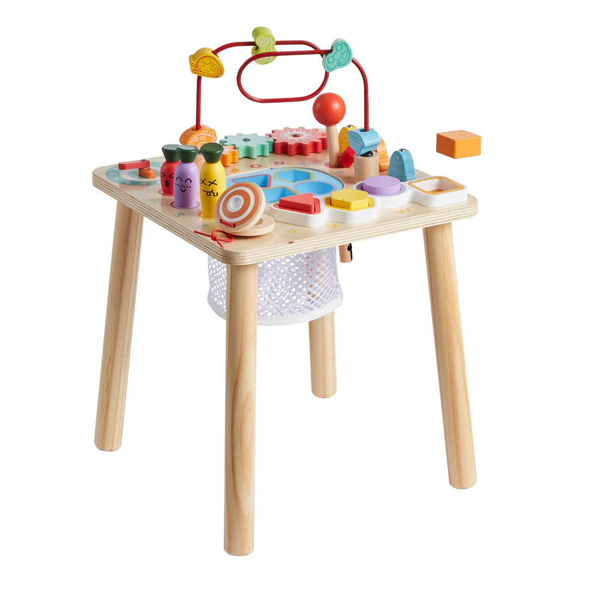 Wooden Montessori children's activity desk with colourful learning toys