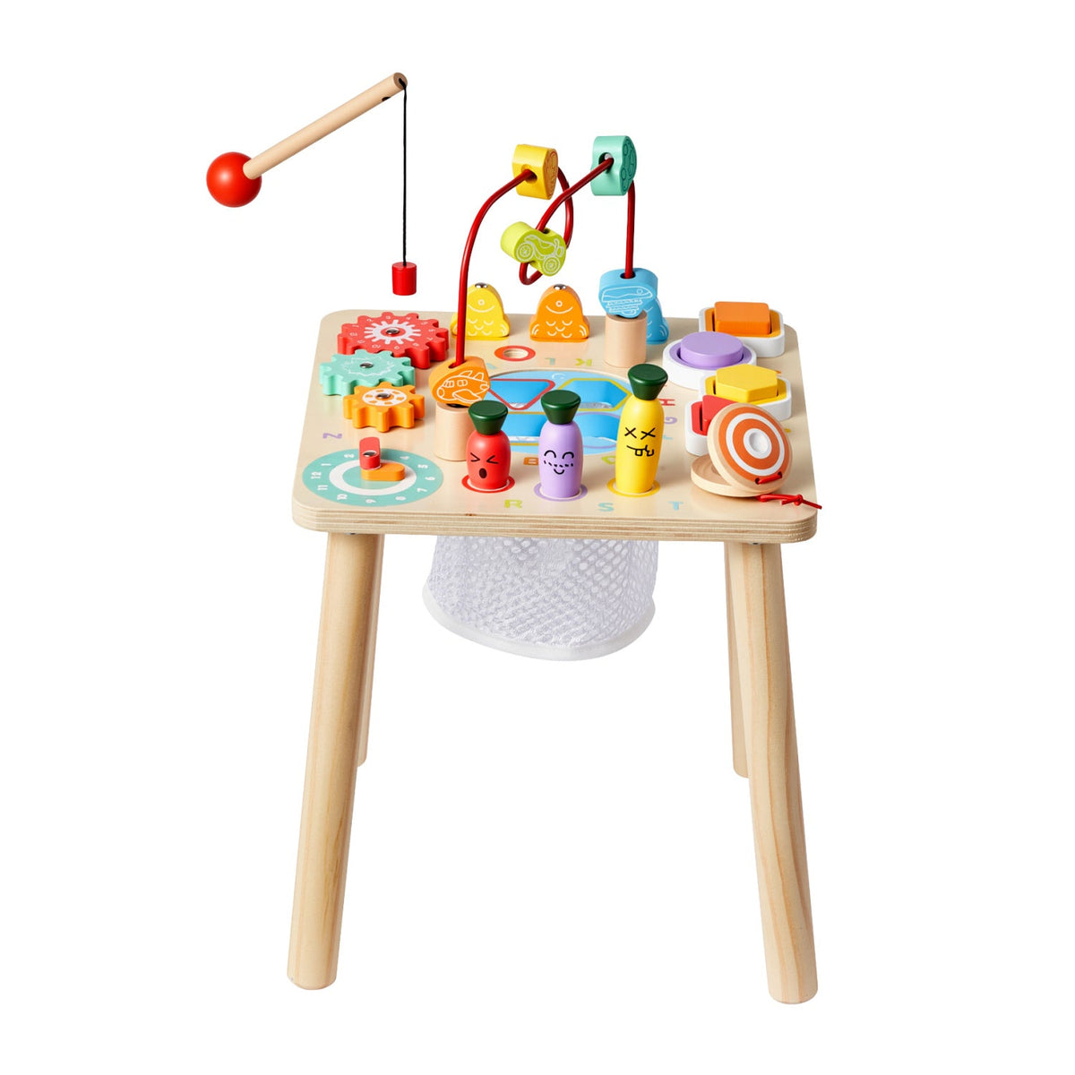 Wooden Montessori children's activity desk with colourful learning toys