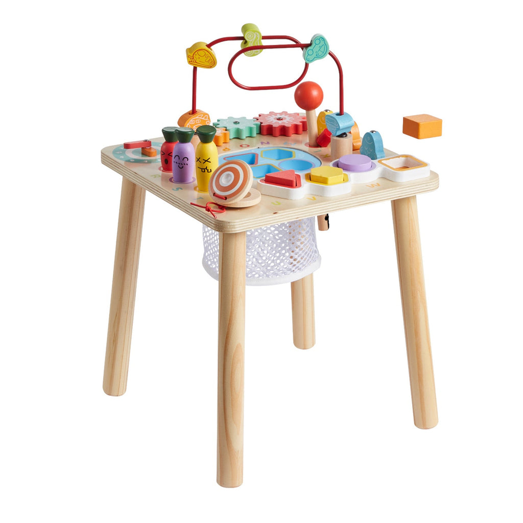 Wooden Montessori children's activity desk with colourful learning toys