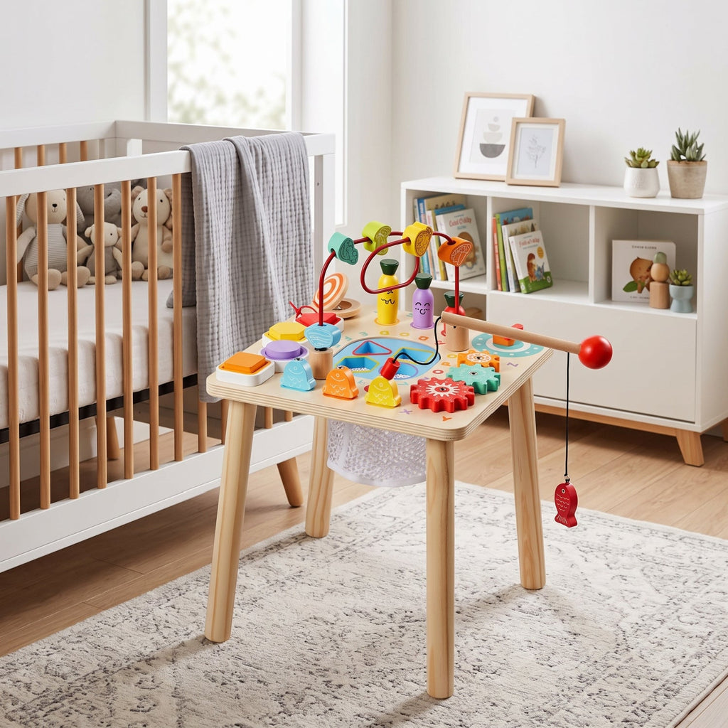 Wooden Montessori children's activity desk with colourful learning toys