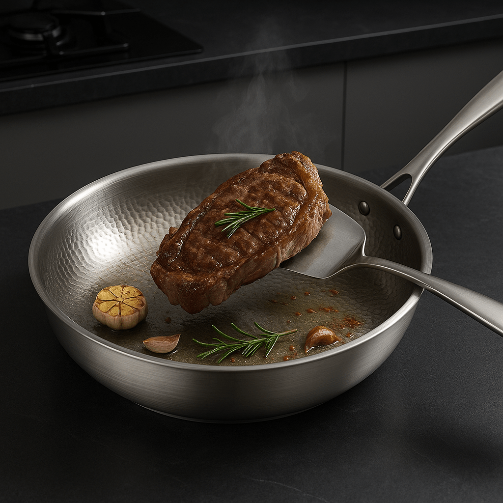 Silver uncoated titanium frying pan with long handle on a hob
