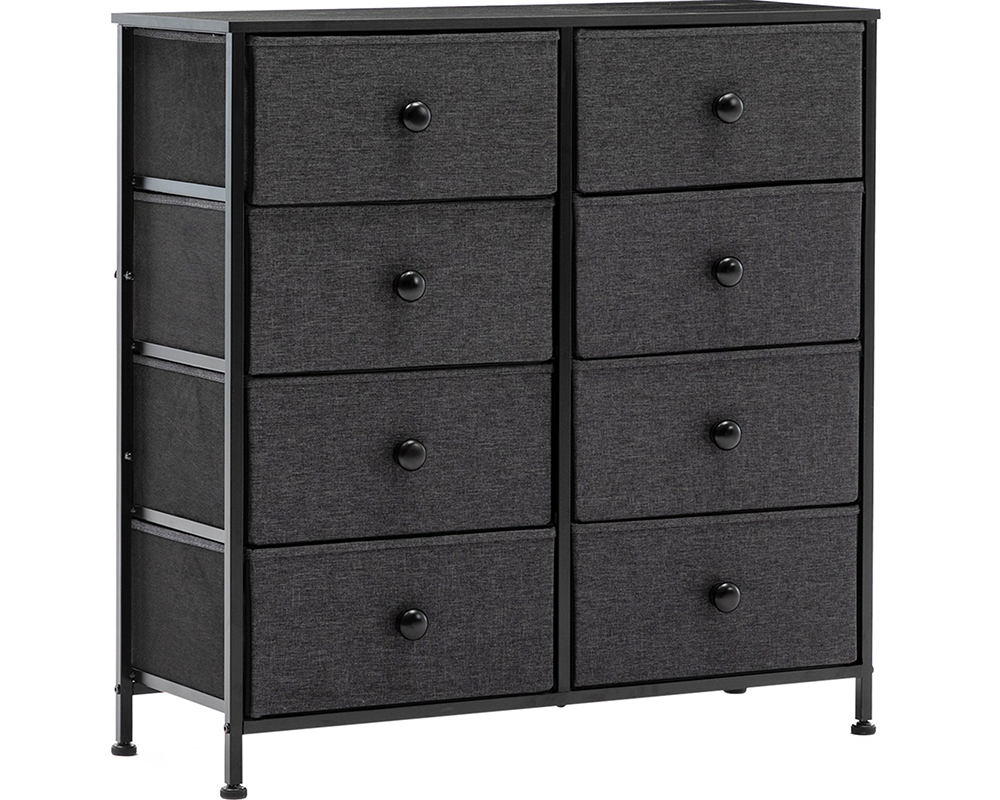 Black tall chest of drawers with eight dark fabric-effect drawer fronts