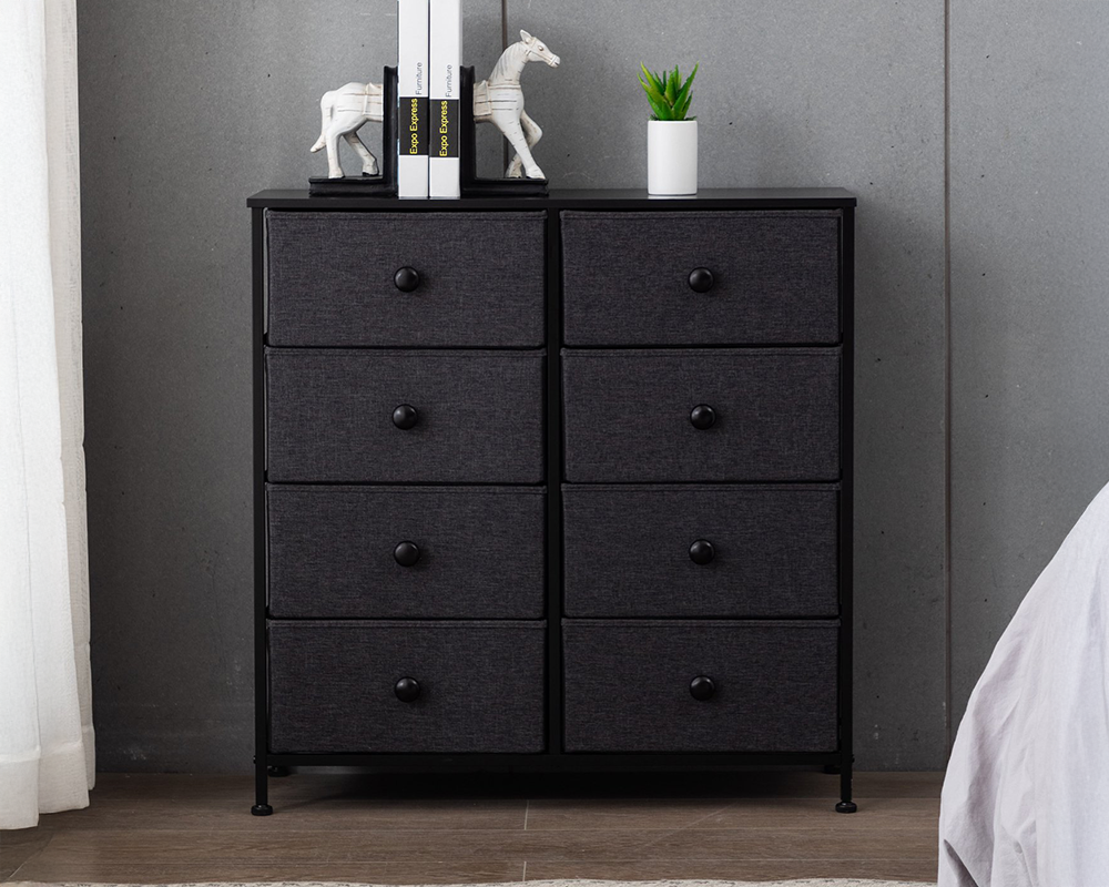 Black tall chest of drawers with eight dark fabric-effect drawer fronts