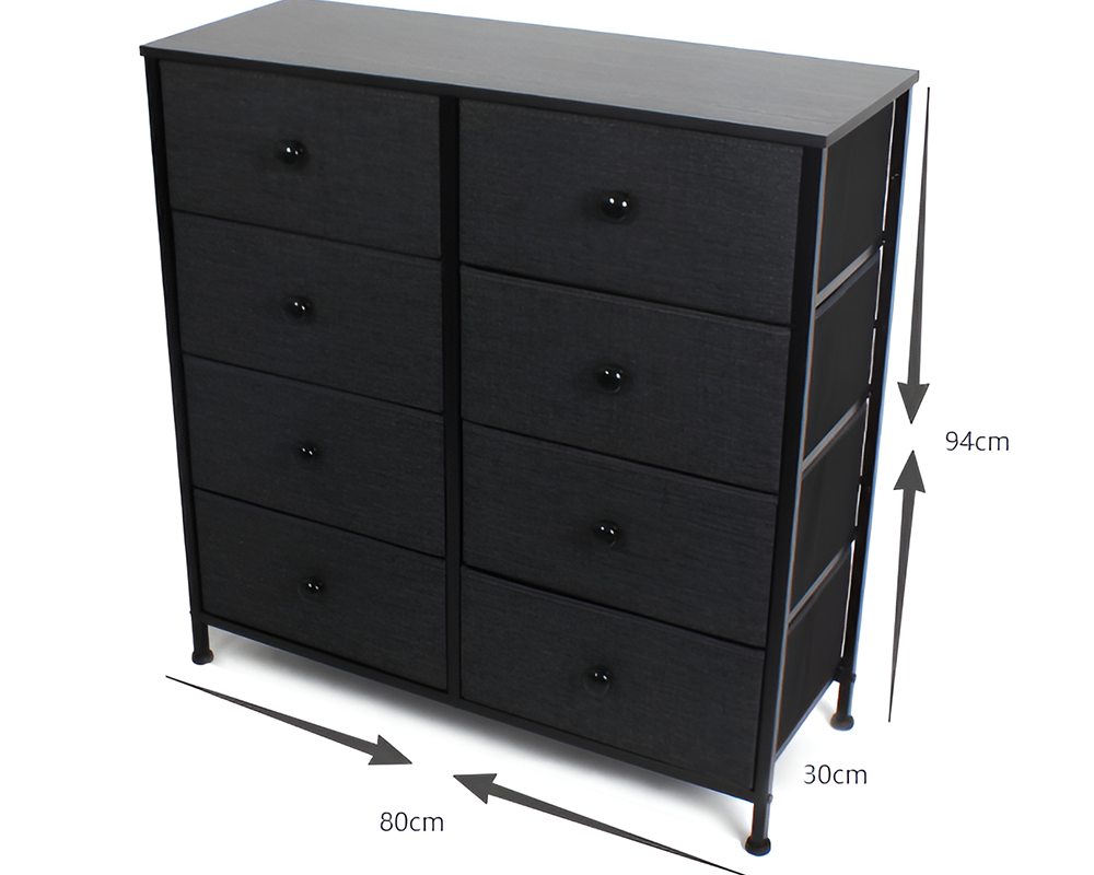 Black tall chest of drawers with eight dark fabric-effect drawer fronts