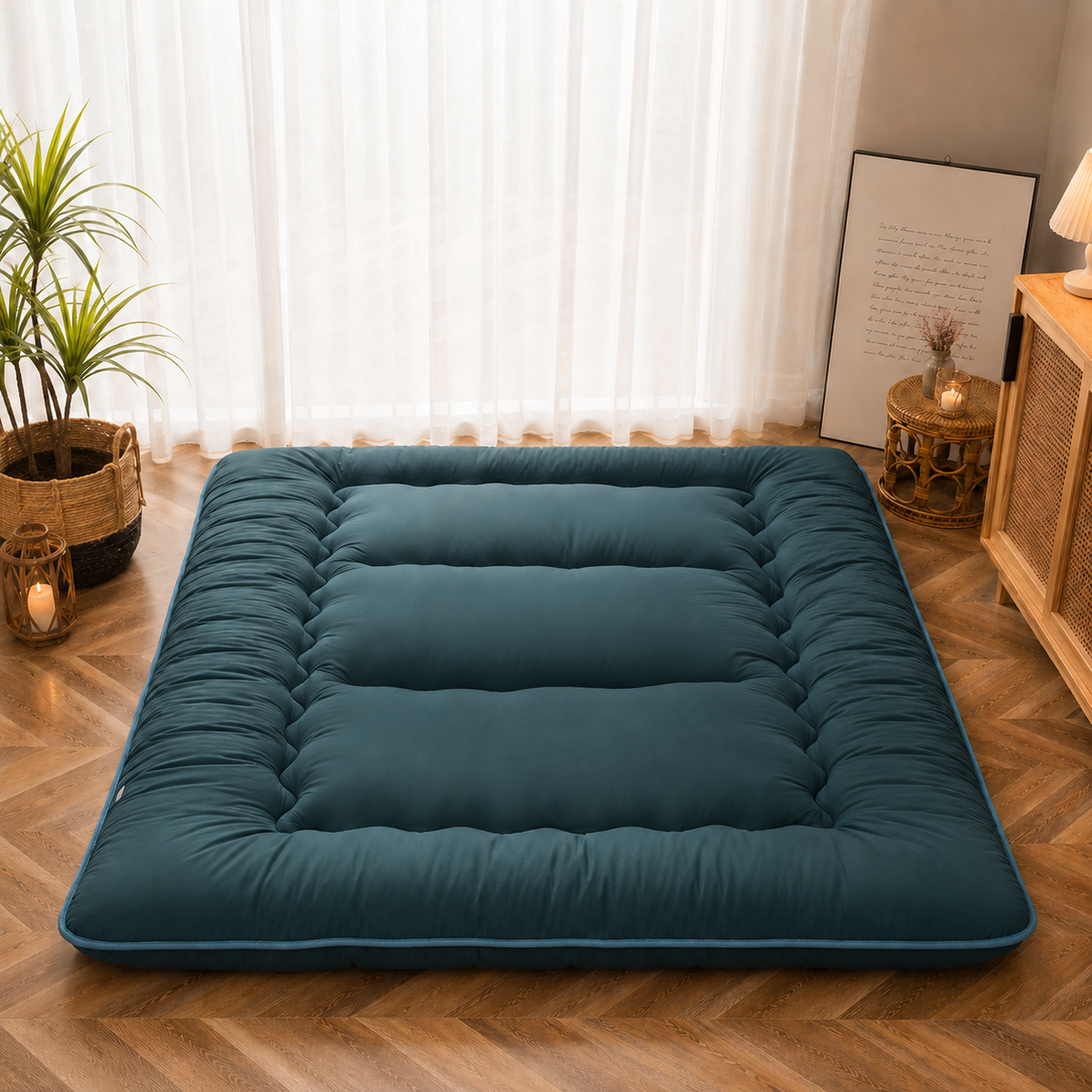 Foldable padded Japanese floor mattress with a raised border