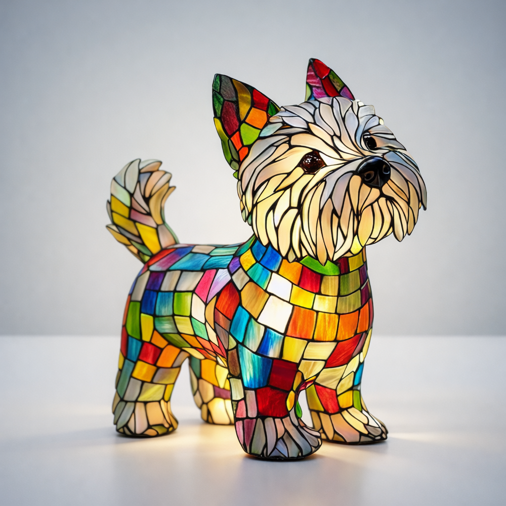 Colourful stained glass-style dog table lamp with LED light and USB cable