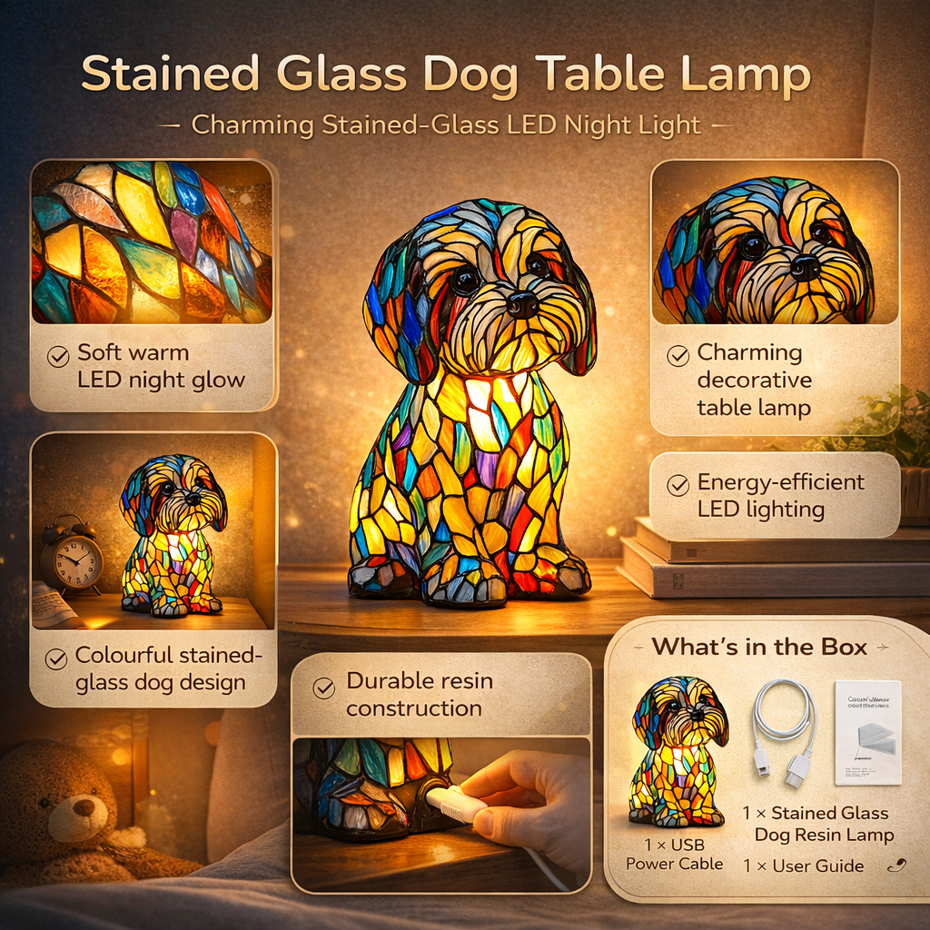 Colourful stained glass-style dog table lamp with LED light and USB cable