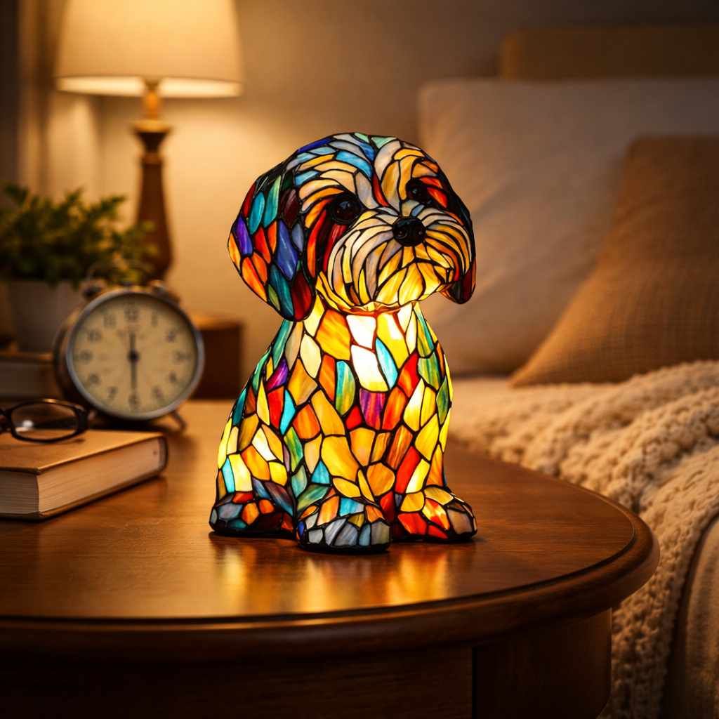 Colourful stained glass-style dog table lamp with LED light and USB cable