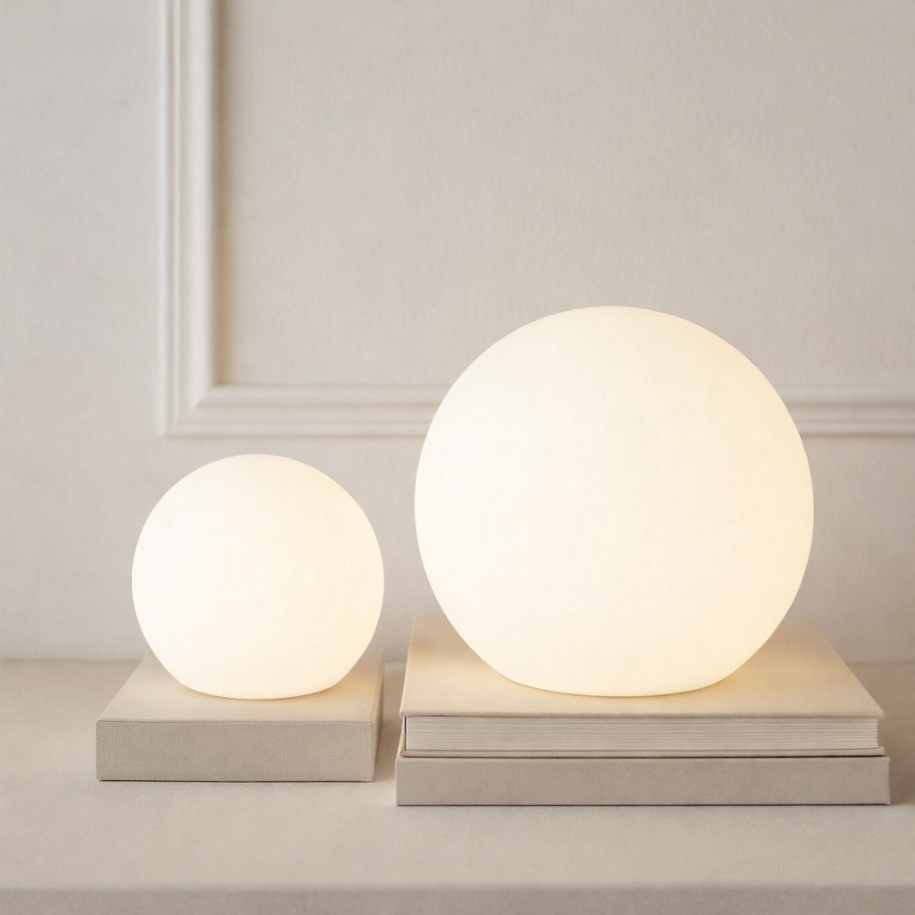 Spherical cordless LED table lamp glowing with colour-changing light
