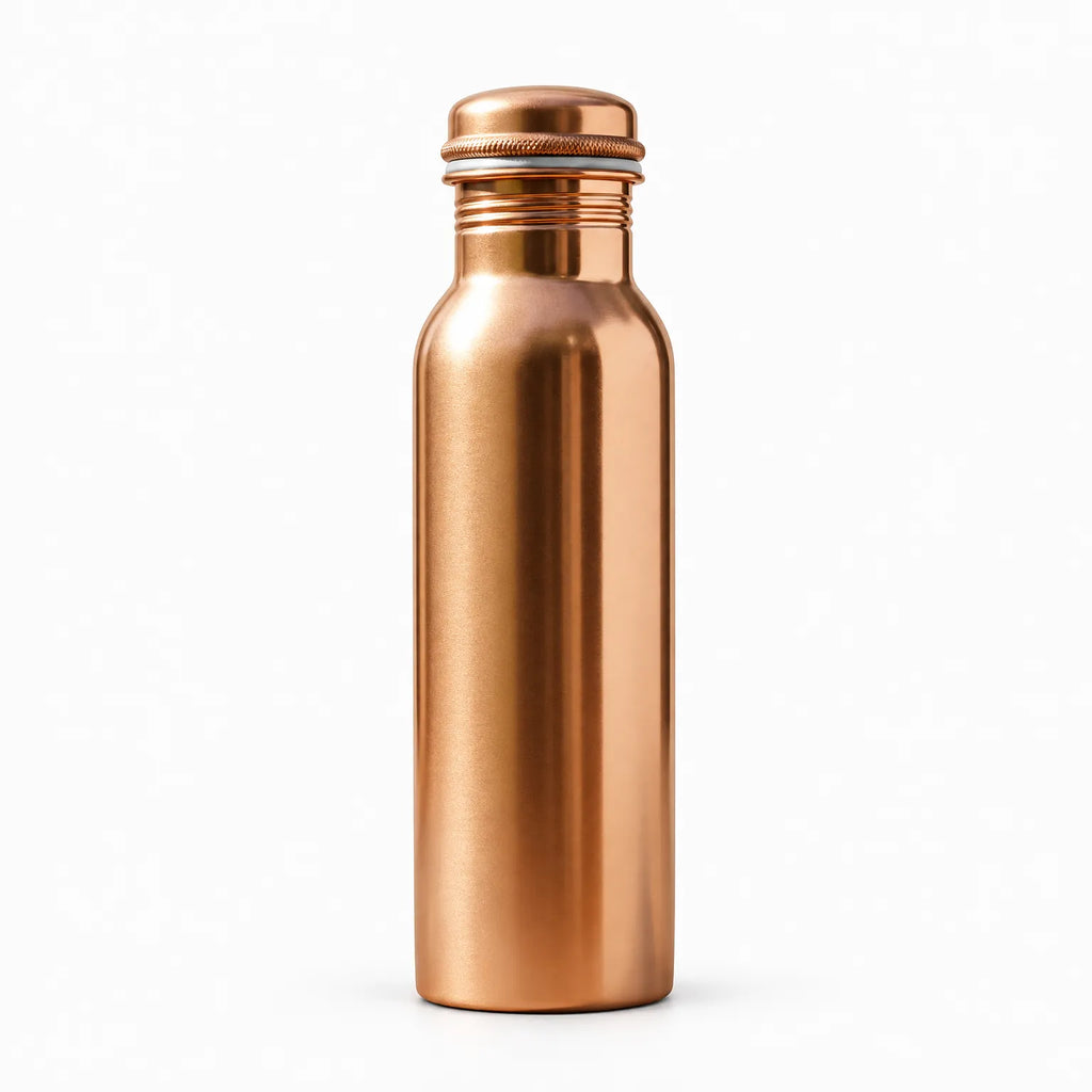Smooth copper drinking bottle with ribbed neck and screw-on lid